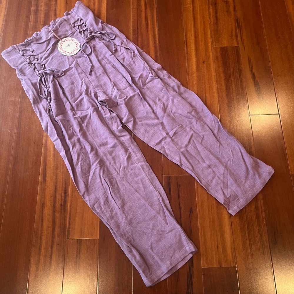 Umgee Purple Linen Pants Wide Leg Tie Front Elastic Pants Lavender New Sz Medium